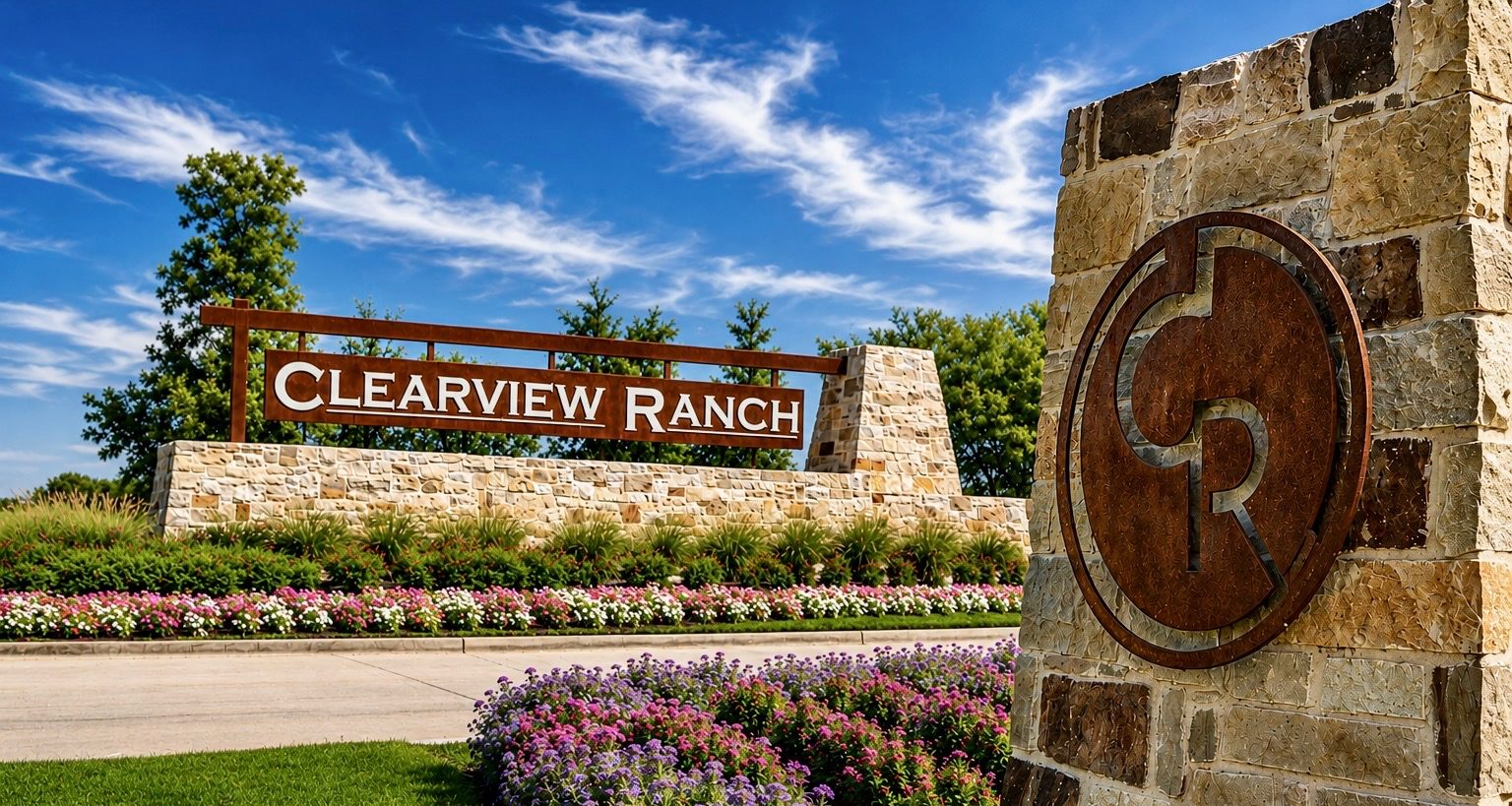 The Clearview Ranch stone entry sign and branded medallion pillar in Royse City, Texas, with flowering beds along the street