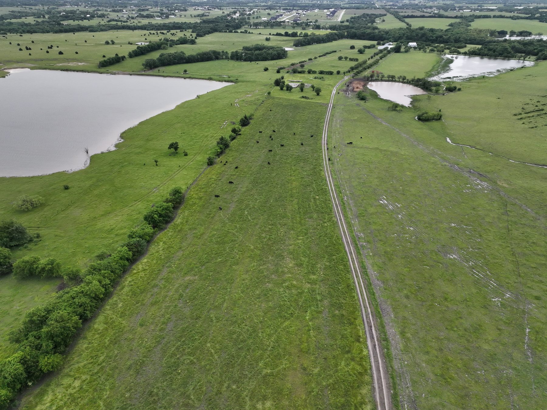 Aerial view of the largely undeveloped land and existing pond at Elevon Section 5, Phase 1 in Lavon, Texas